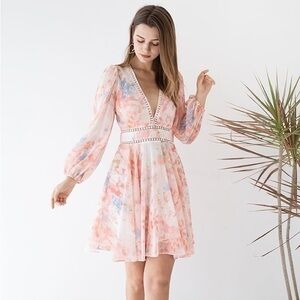 ‼️SOLD‼️ Chicwish Sway V-Neck Watercolor Floral Long Sleeve Dress ~XS / Small